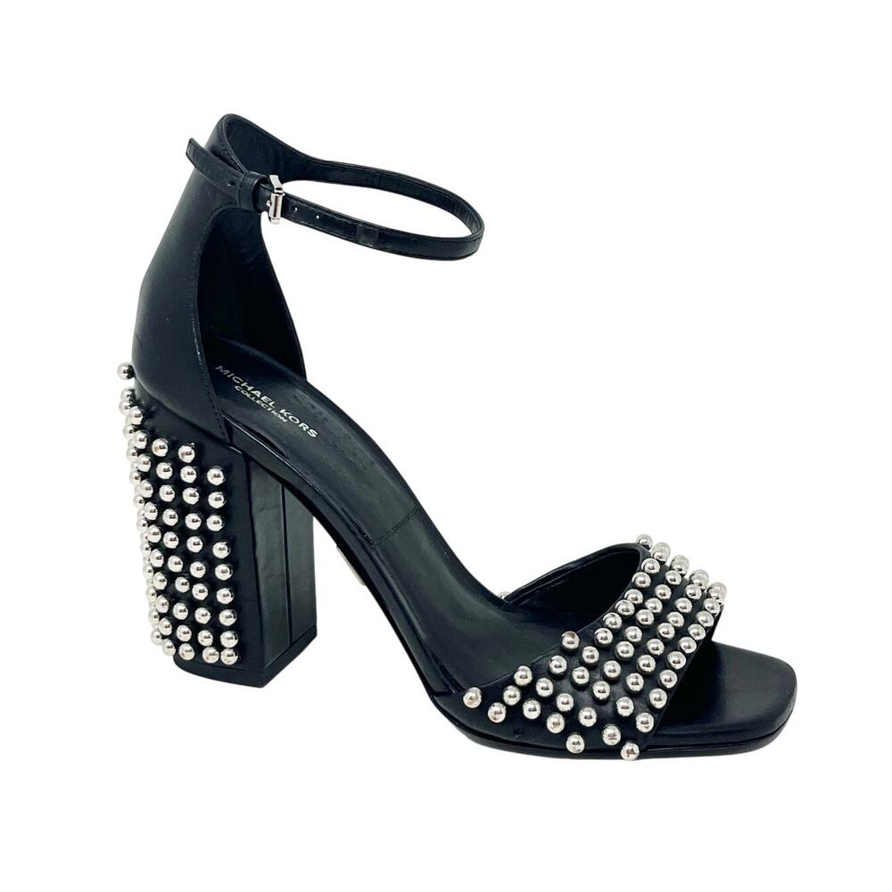 MICHAEL KORS COLLECTION Studded Block Heel Black Leather Ankle Strap SZ 37.5